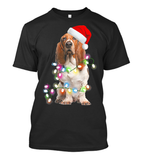Basset Hound With Santa Hat And Colorful Christmas Lights T-Shirt