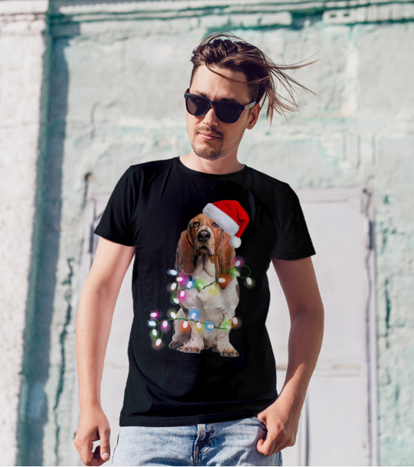 Basset Hound With Santa Hat And Colorful Christmas Lights T-Shirt