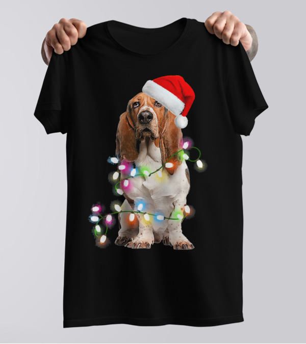 Basset Hound With Santa Hat And Colorful Christmas Lights T-Shirt