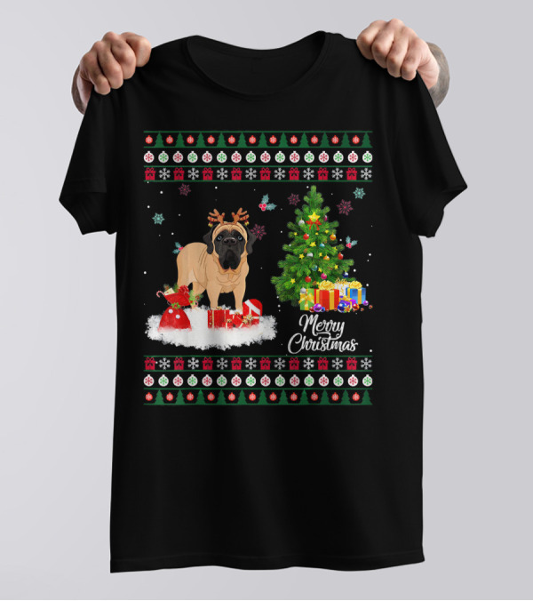 Merry Christmas English Mastiff Funny Reindeer With Christmas Tree And Gifts T-Shirt