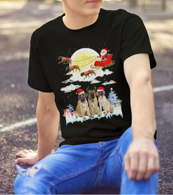 English Mastiff Dogs Santa Sleigh Christmas Moon Snowmen T-Shirt