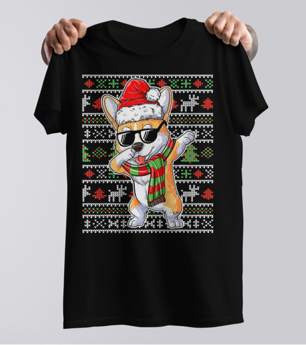 Corgi Dog Dabbing Santa Hat Ugly Christmas T-Shirt