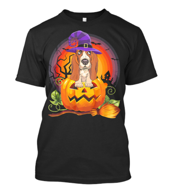 Basset Hound In Witch Hat With Pumpkin And Halloween Scene T-Shirt