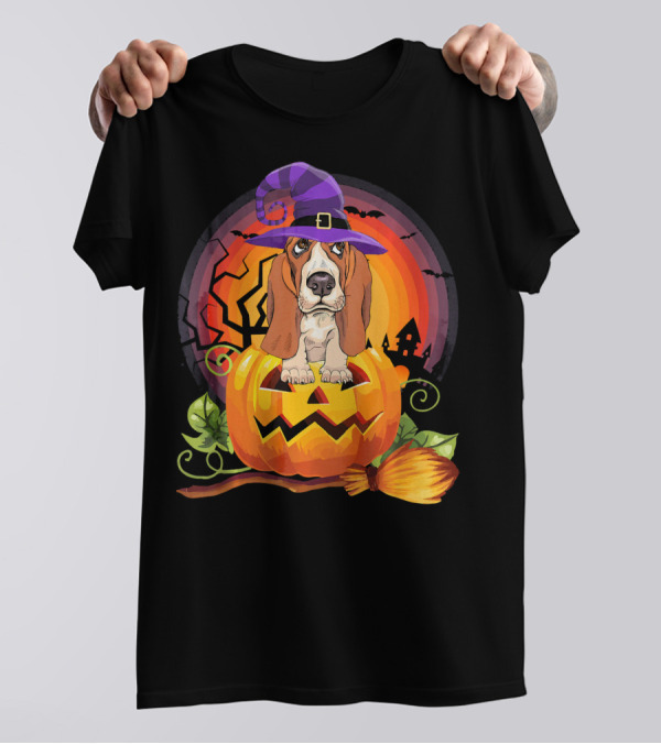 Basset Hound In Witch Hat With Pumpkin And Halloween Scene T-Shirt