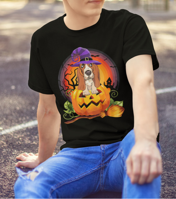 Basset Hound In Witch Hat With Pumpkin And Halloween Scene T-Shirt