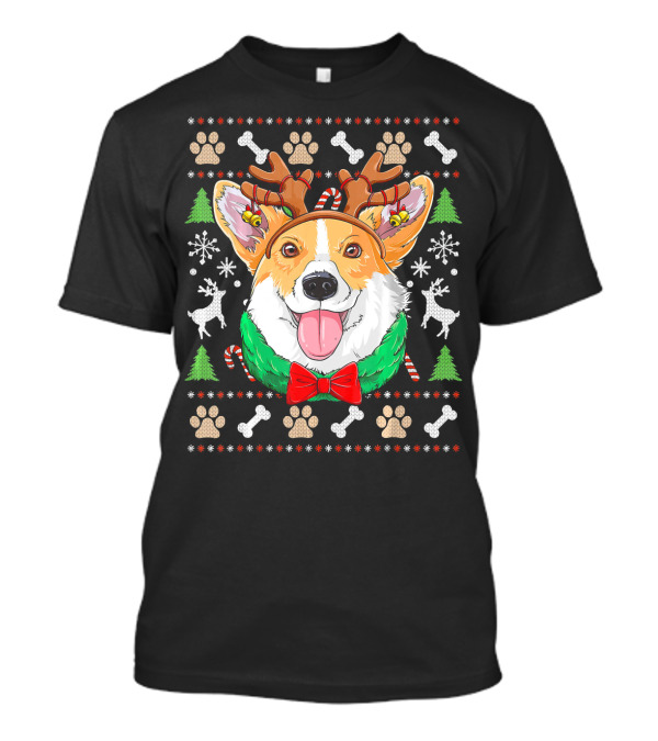 Corgi Merry Christmas Ugly Sweater Reindeer Antlers Trees Candy Canes Paws And Bones T-Shirt