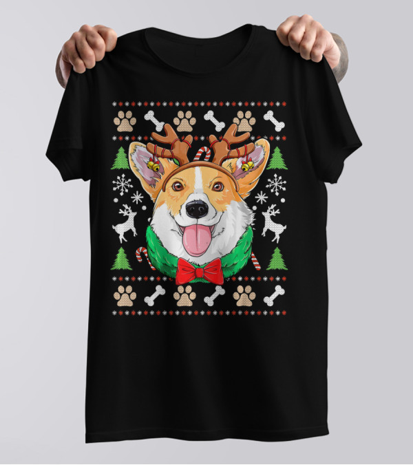 Corgi Merry Christmas Ugly Sweater Reindeer Antlers Trees Candy Canes Paws And Bones T-Shirt