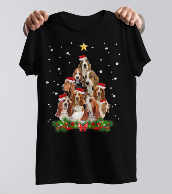 Santa Hat Basset Hound Christmas Tree Star Snowflakes T-Shirt