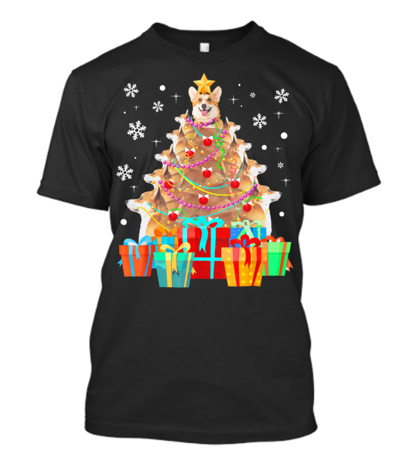 Cute Corgi Christmas Tree With Presents And Snowflakes T-Shirt