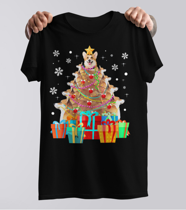 Cute Corgi Christmas Tree With Presents And Snowflakes T-Shirt