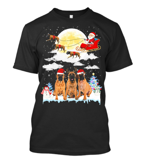 BullMastiff Dogs With Santa On Sleigh In Christmas Scene T-Shirt