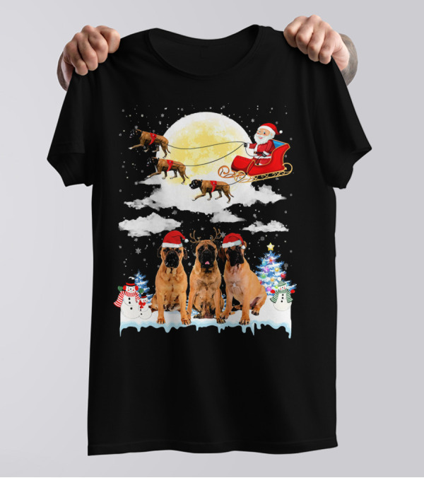 BullMastiff Dogs With Santa On Sleigh In Christmas Scene T-Shirt