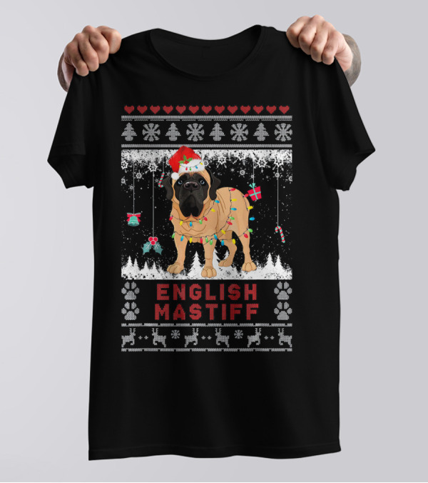 English Mastiff Christmas Ugly Sweater Lights And Santa Hat T-Shirt
