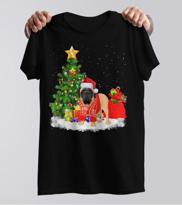 Christmas English Mastiff Dog With Santa Hat And Tree T-Shirt