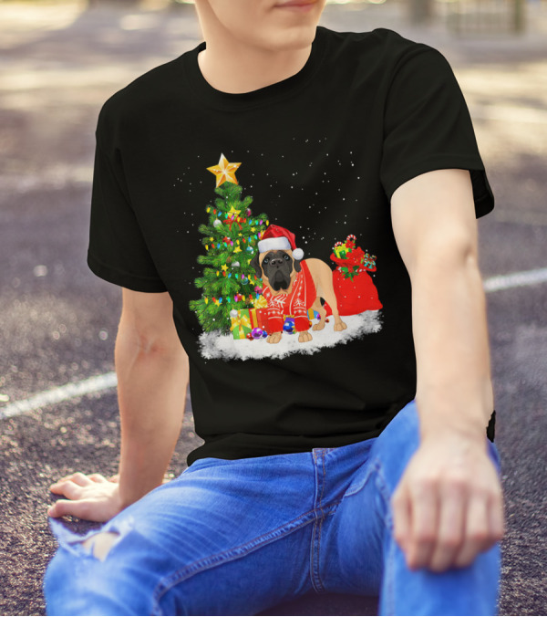 Christmas English Mastiff Dog With Santa Hat And Tree T-Shirt