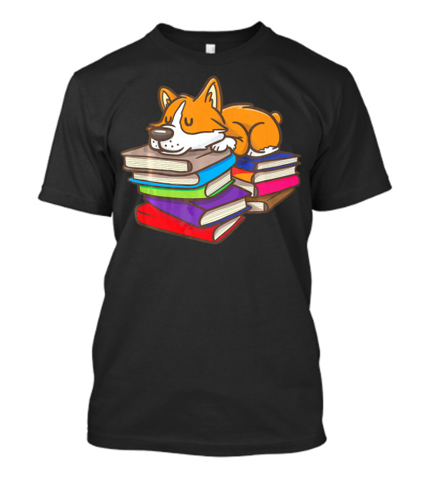 Cute Corgi Sleeping On Colorful Books For Book Reading Lovers T-Shirt