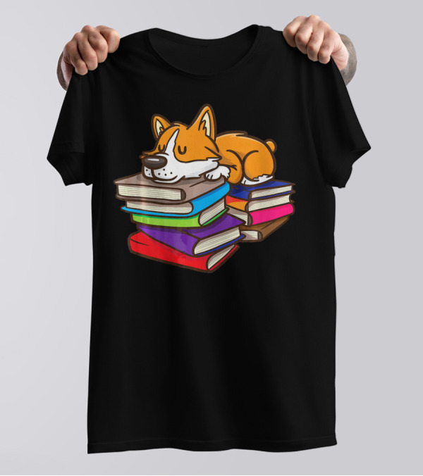 Cute Corgi Sleeping On Colorful Books For Book Reading Lovers T-Shirt