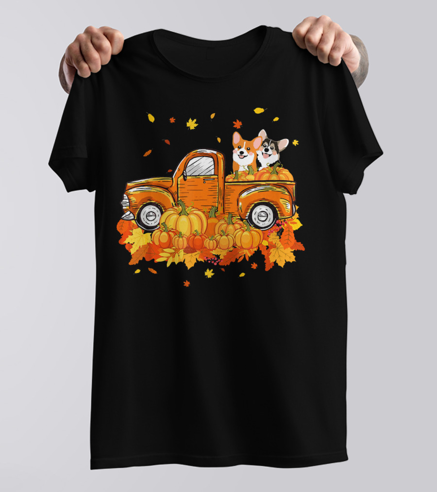 Corgi Pumpkin Pickup With Autumn Leaves Halloween Scene T-Shirt