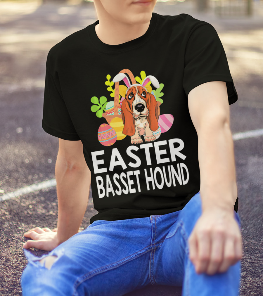 Easter Basset Hound With Colorful Eggs And Bunny Ears T-Shirt