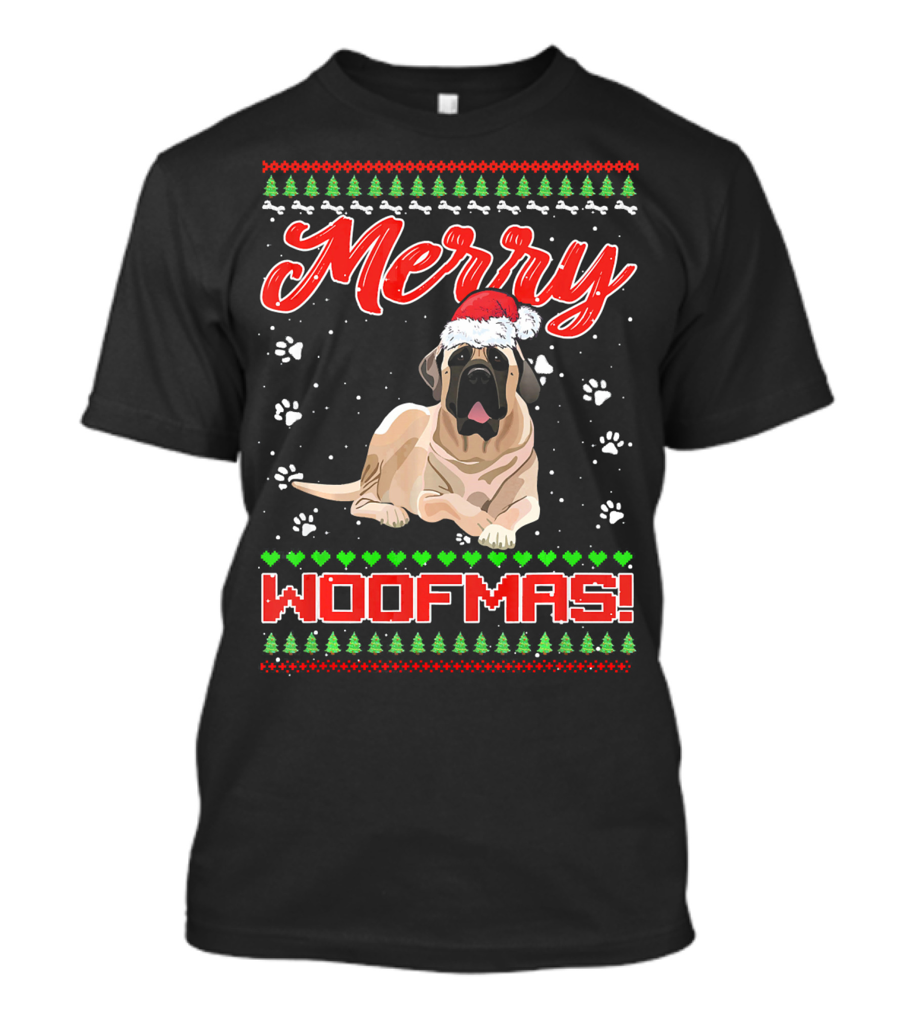 Merry Woofmas Bullmastiff With Christmas Hat And Paw Prints T-Shirt