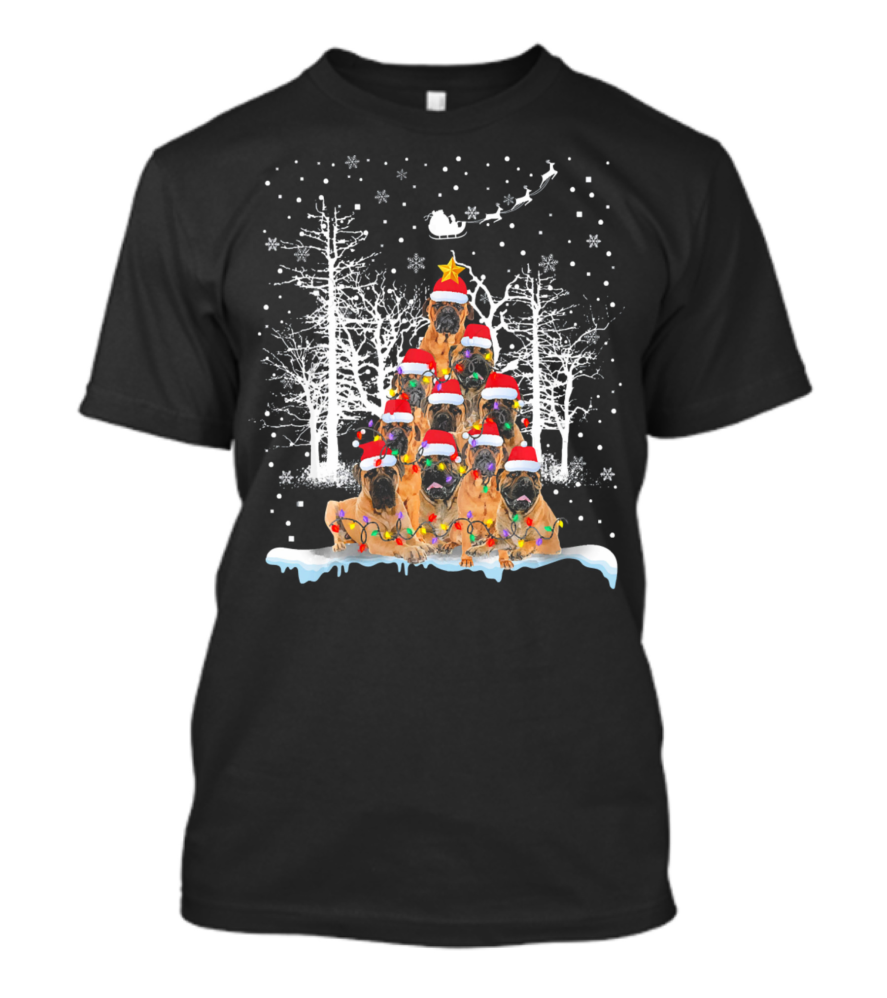 BullMastiff Christmas Tree Santa Sleigh Dog Lovers Holiday Scene T-Shirt