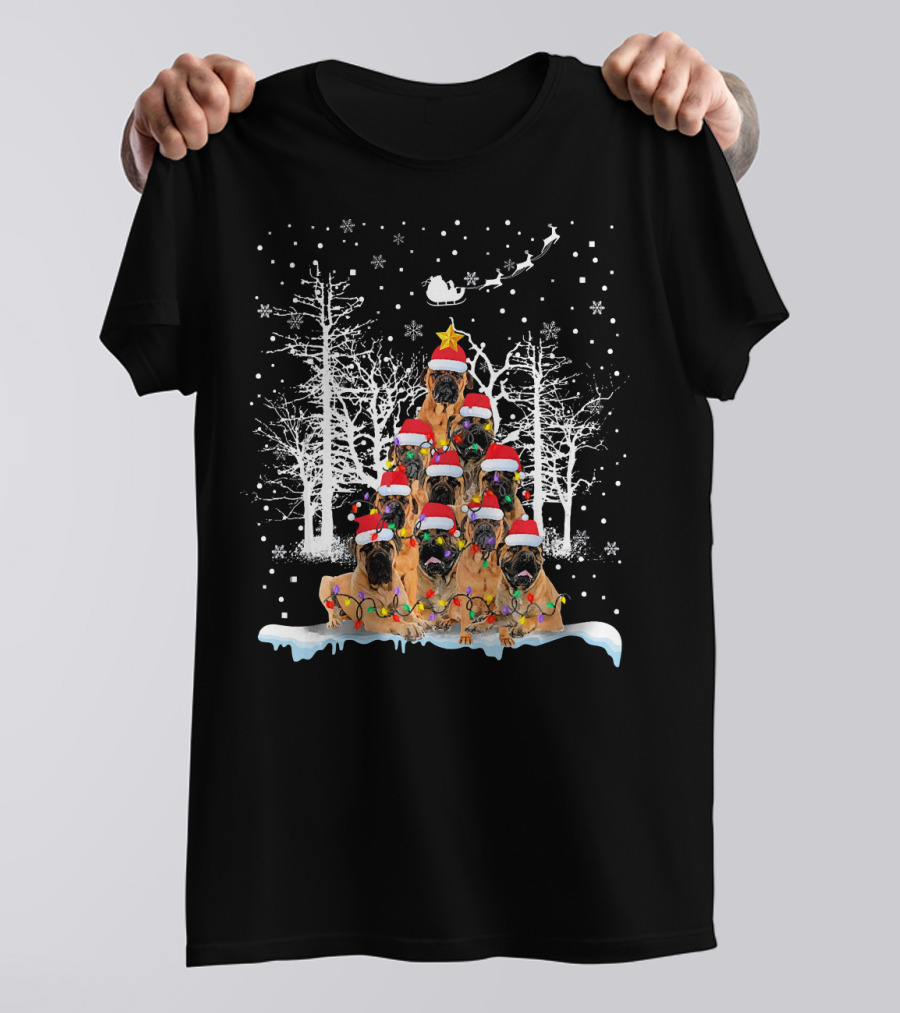 BullMastiff Christmas Tree Santa Sleigh Dog Lovers Holiday Scene T-Shirt