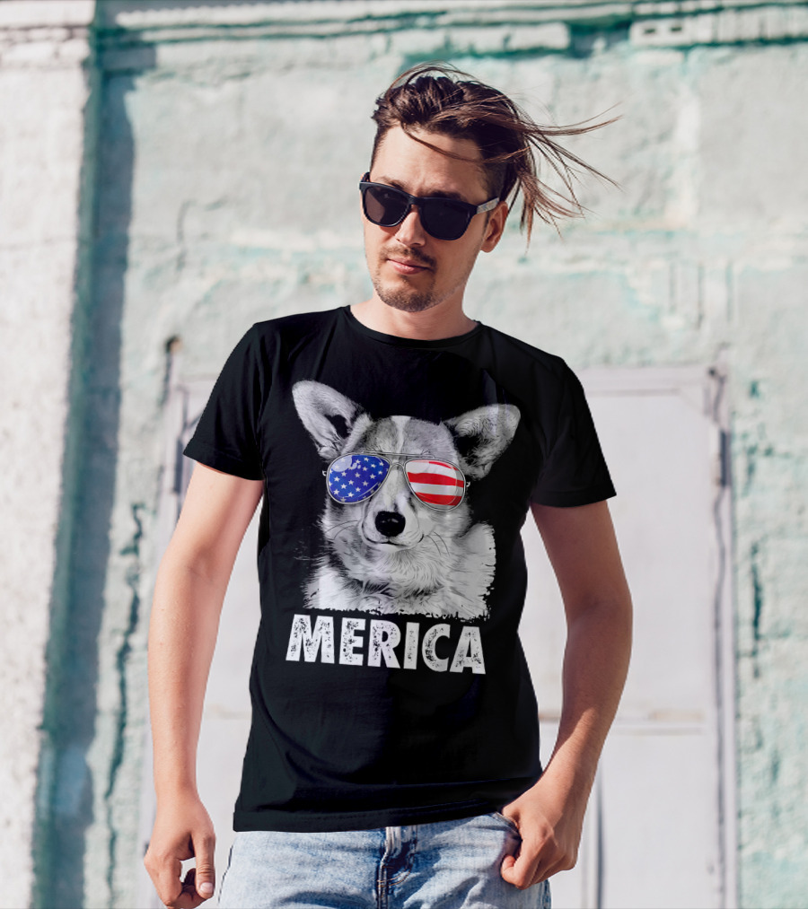 Corgi Merica USA Flag Sunglasses 4th Of July T-Shirt