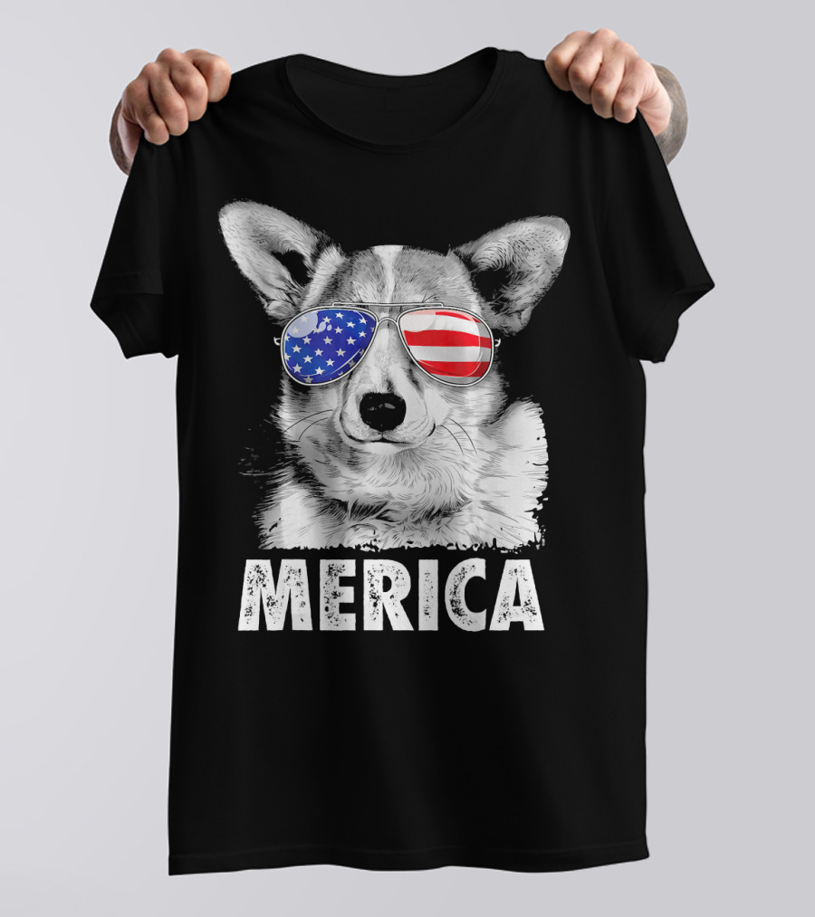 Corgi Merica USA Flag Sunglasses 4th Of July T-Shirt
