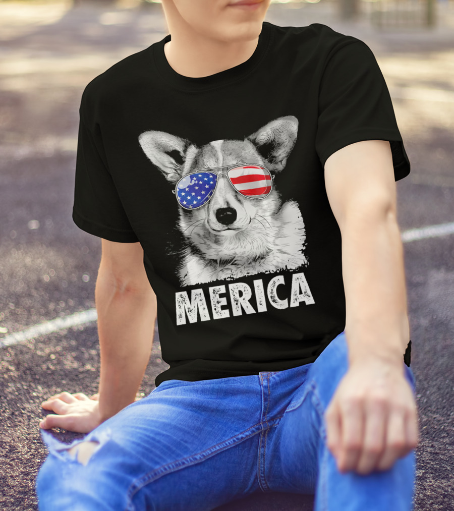 Corgi Merica USA Flag Sunglasses 4th Of July T-Shirt