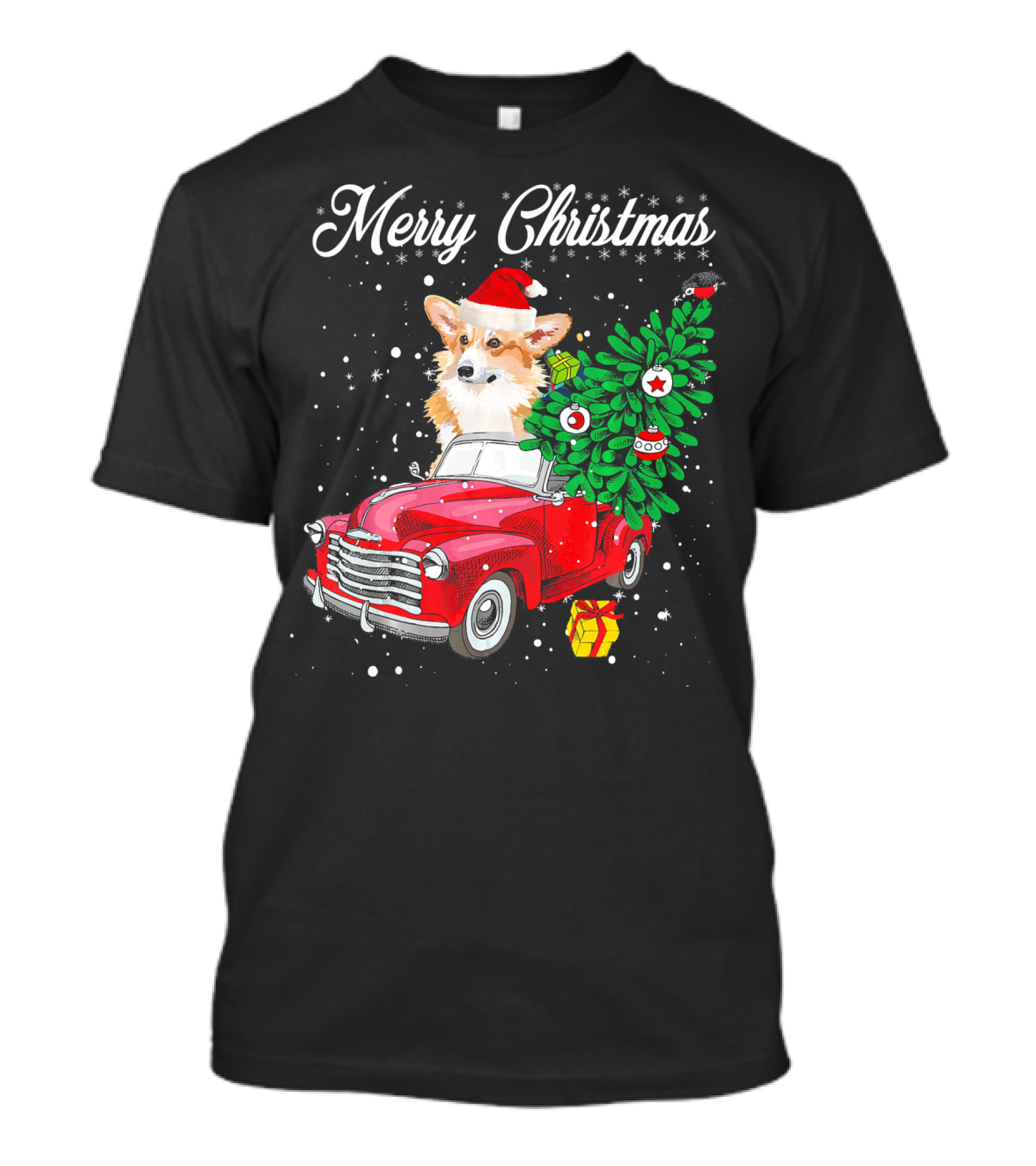 Merry Christmas Corgi In Santa Hat Riding Red Truck With Christmas Tree And Gift T-Shirt