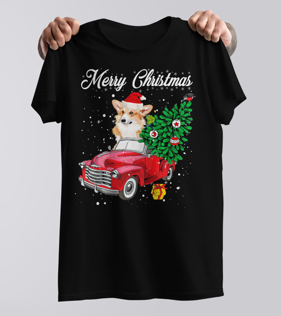 Merry Christmas Corgi In Santa Hat Riding Red Truck With Christmas Tree And Gift T-Shirt