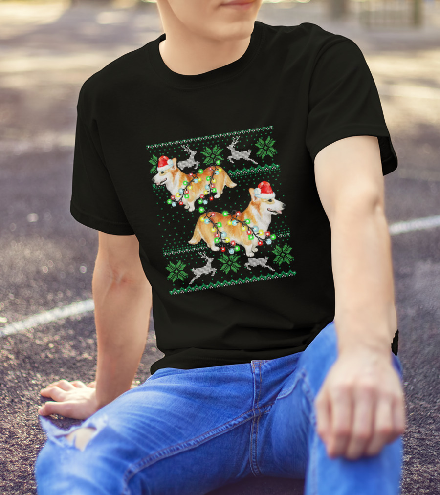 Corgi Dog Ugly Christmas Funny Lights Santa Hat Reindeer Snowflake T-Shirt