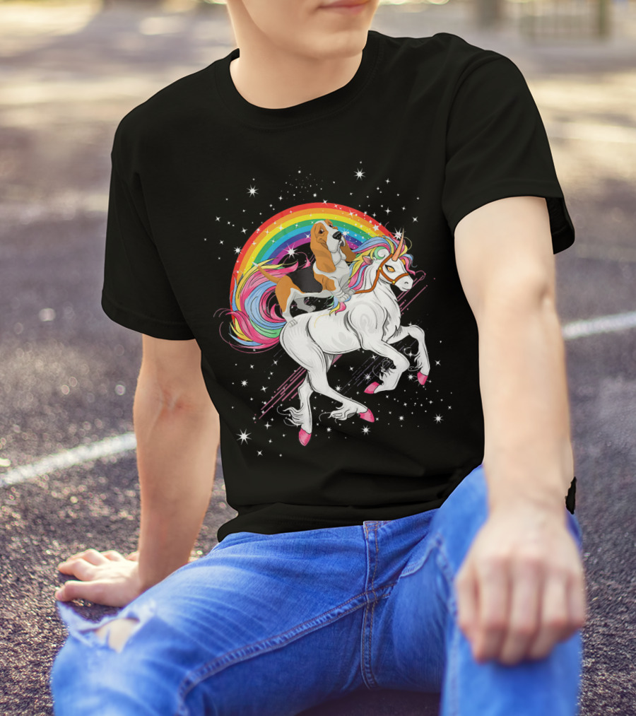 Basset Hound Riding Unicorn Rainbow Space Galaxy Stars T-Shirt