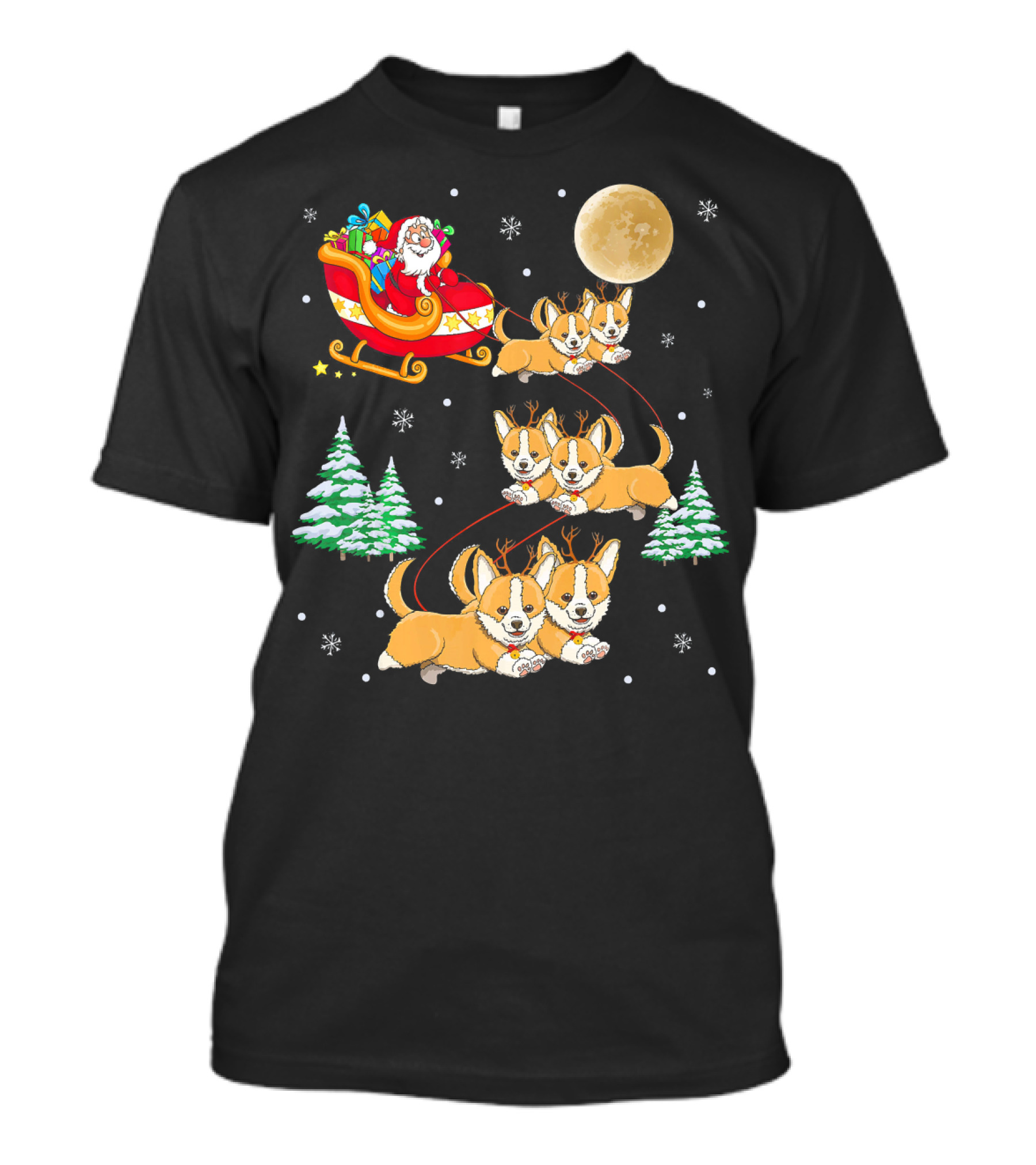 Santa Sleigh With Corgi Reindeer And Full Moon Christmas Scene T-Shirt
