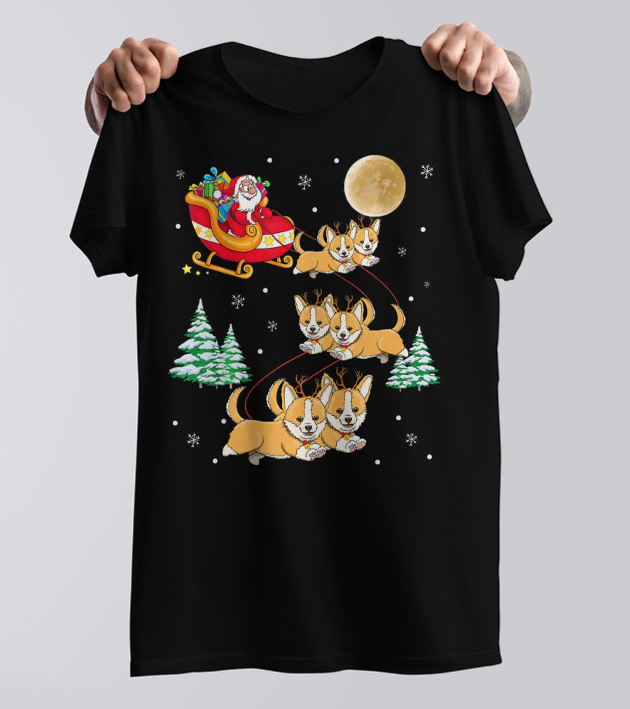 Santa Sleigh With Corgi Reindeer And Full Moon Christmas Scene T-Shirt