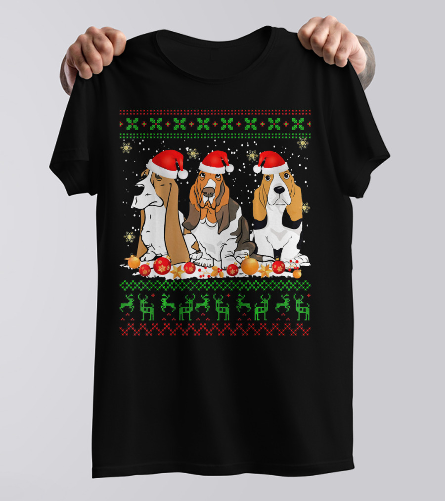Christmas Basset Hound Santa Hat Ornaments Reindeer Snowflakes T-Shirt