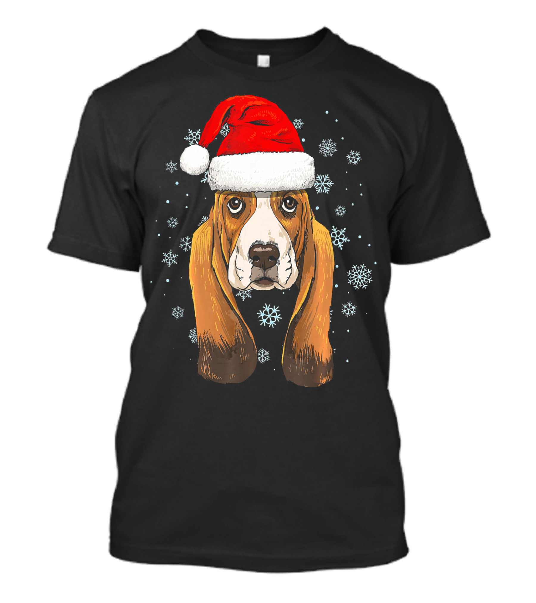 Basset Hound Santa Hat Snowflakes Holiday T-Shirt