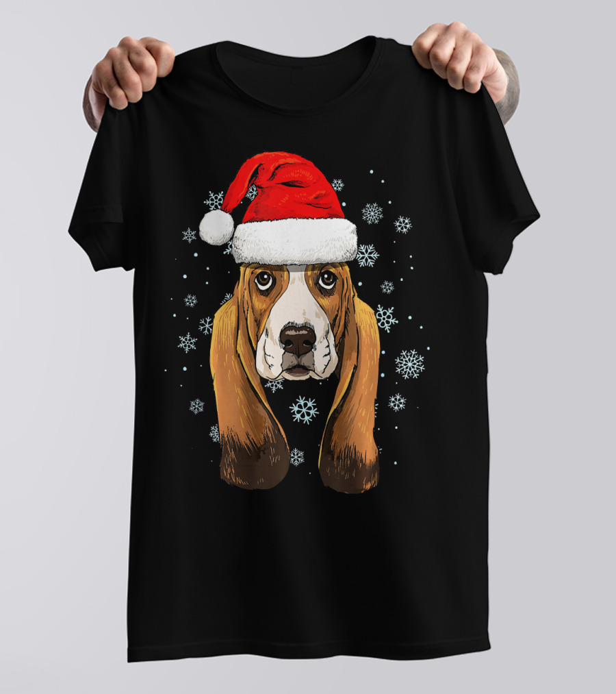 Basset Hound Santa Hat Snowflakes Holiday T-Shirt