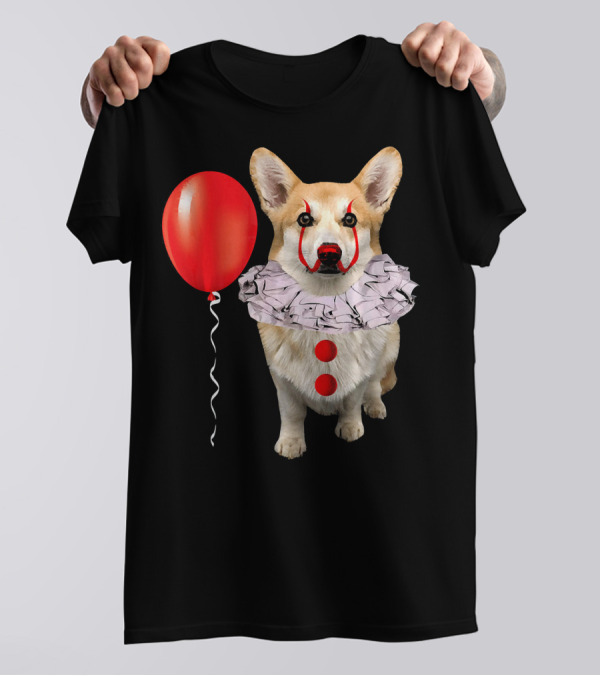 Corgi Scary Clown Funny Corgi Red Balloon T-Shirt
