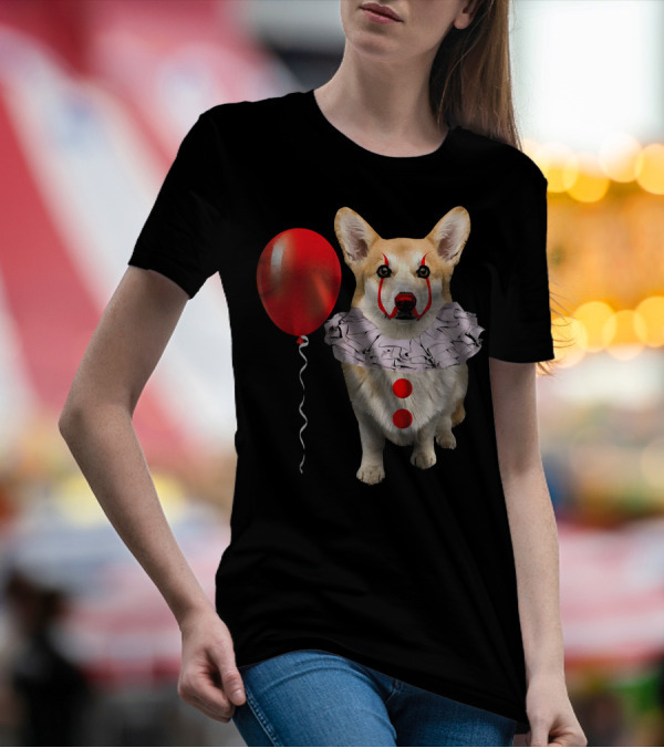Corgi Scary Clown Funny Corgi Red Balloon T-Shirt