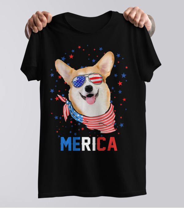 Merica Corgi In American Flag Sunglasses And Bandana T-Shirt