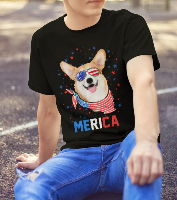 Merica Corgi In American Flag Sunglasses And Bandana T-Shirt