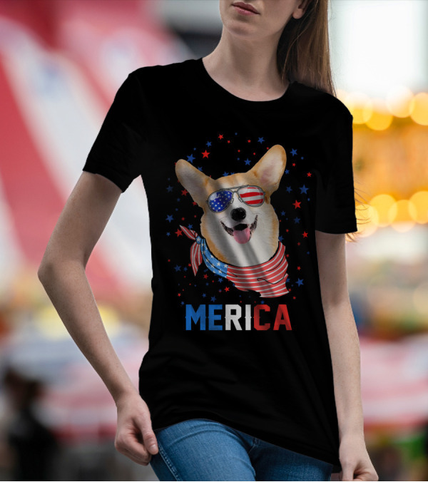Merica Corgi In American Flag Sunglasses And Bandana T-Shirt