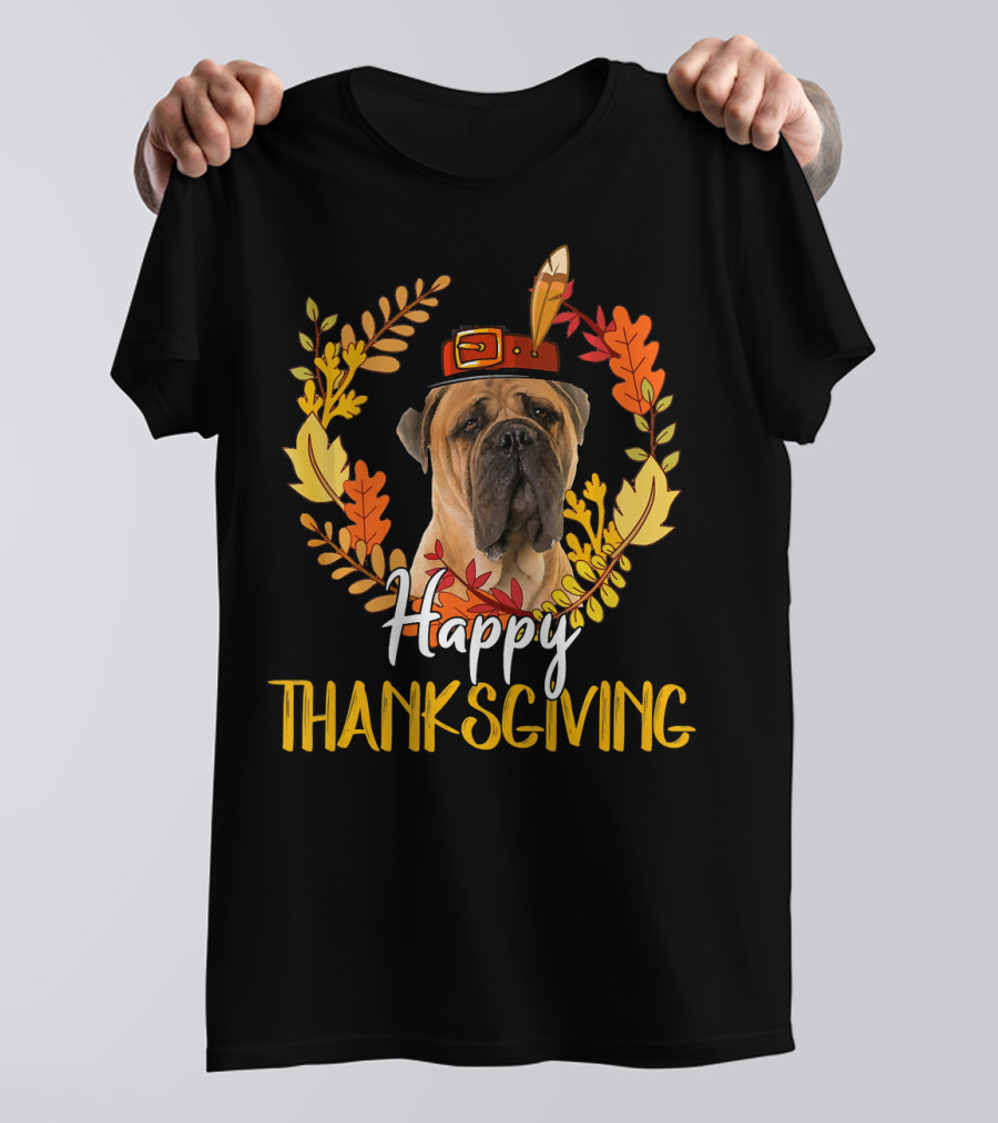 Bullmastiff Happy Thanksgiving Turkey Wreath With Leaves T-Shirt