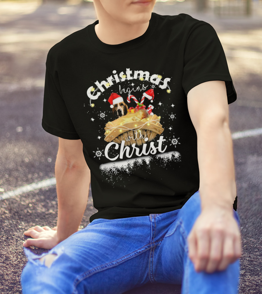 Christmas Begins With Christ Basset Hound Dog Santa Hats Lights Candy Canes T-Shirt