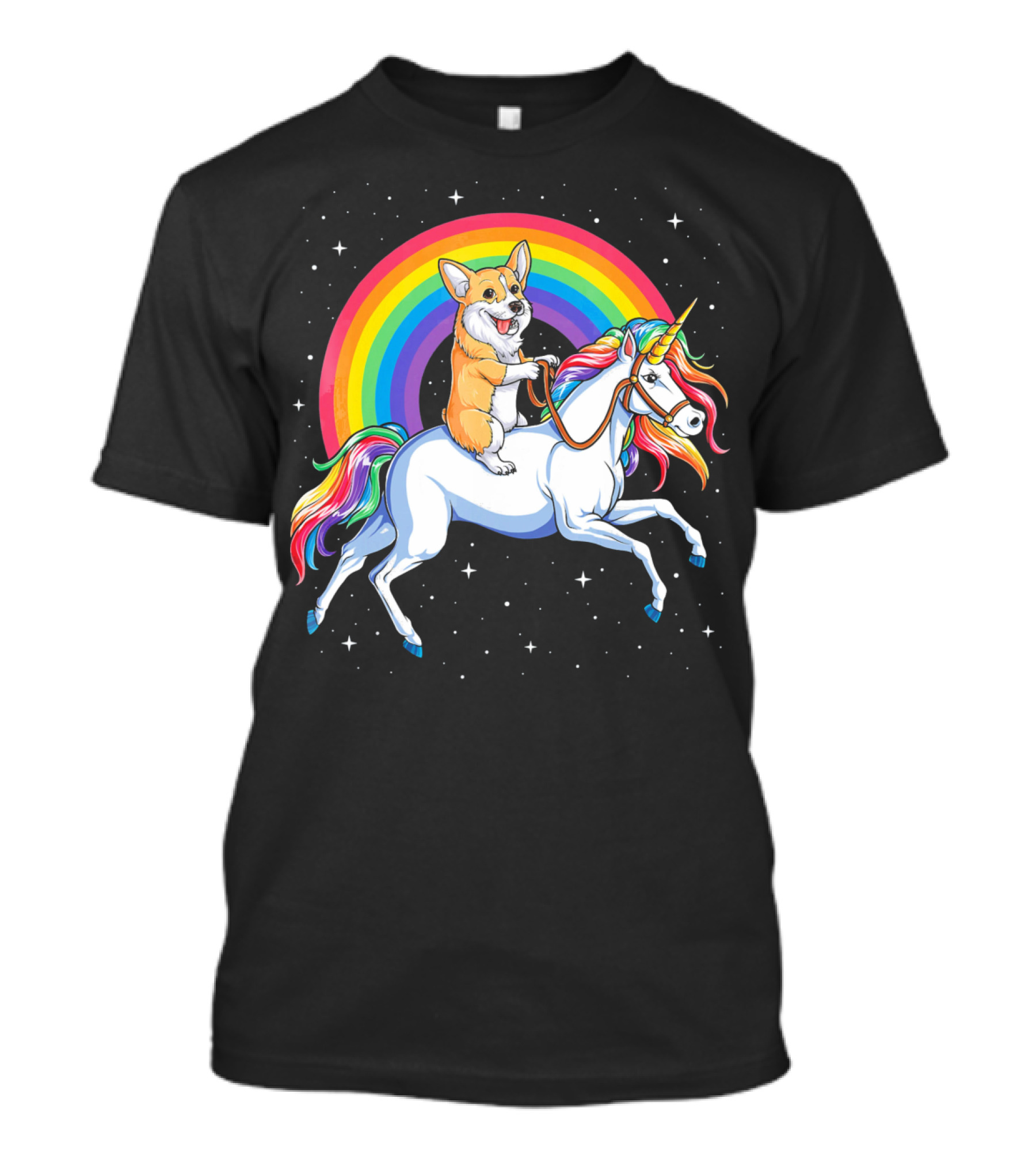 Corgi Riding A Rainbow Unicorn With Stars And Colorful Mane T-Shirt