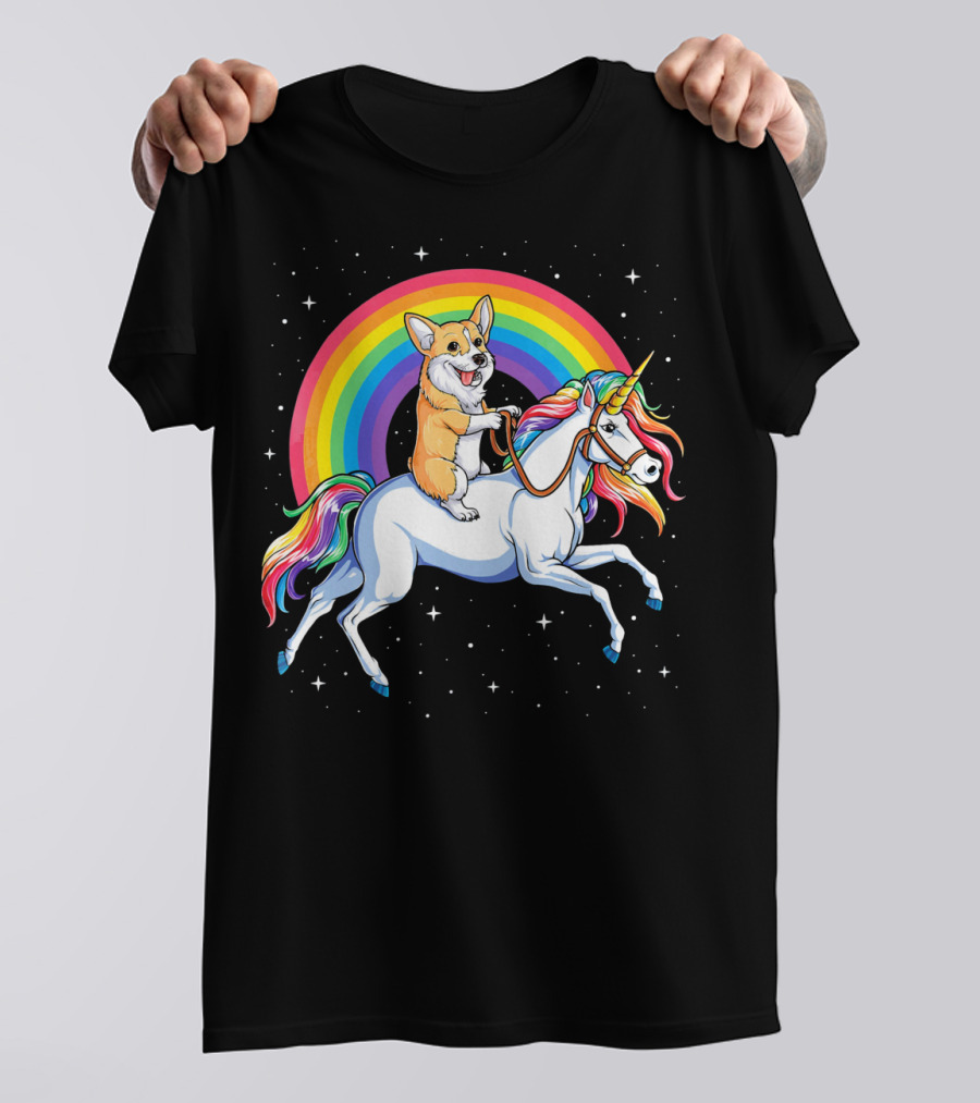 Corgi Riding A Rainbow Unicorn With Stars And Colorful Mane T-Shirt