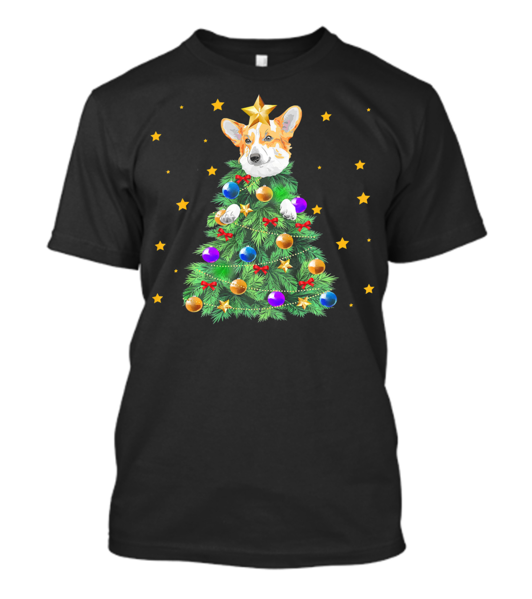 Corgi Dog Xmas Tree Funny Christmas Costumer Ornaments Stars Bows T-Shirt