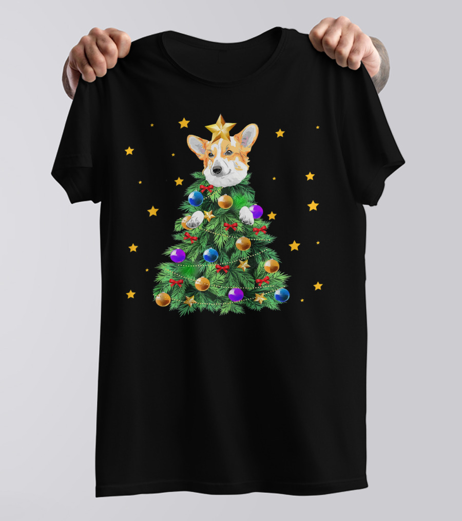 Corgi Dog Xmas Tree Funny Christmas Costumer Ornaments Stars Bows T-Shirt