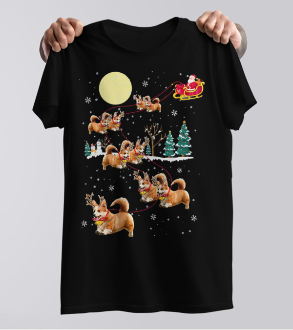 Santa's Sleigh With Christmas Reindeer Corgi Dogs And Snowflakes T-Shirt